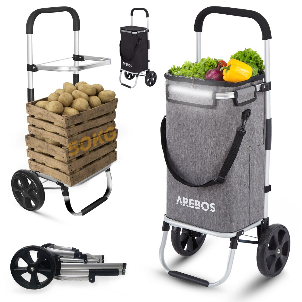 AREBOS 3in1 shopping trolley | trolley large 50 L| shopping trolley with cooler compartment | shopping bag with wheels | foldable shopper | grey