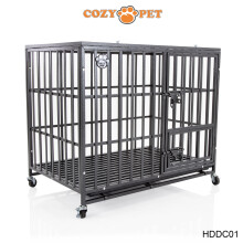 Cozy Pet HDDC01 Heavy-Duty Dog Cage - 36in Steel Crate for Vet/Groomer, 92x59x80 cm, 1.5cm Slats, Locking Latches, Wheels, Pull-Out Tray