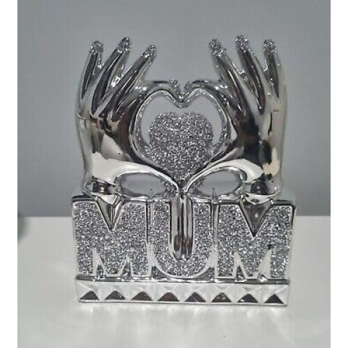 Mum Heart In Hand Silver Crushed Diamond Crystal Ornament - 27cm
