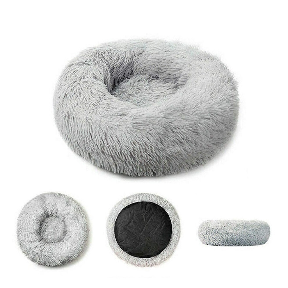 (Light-gray, Medium) Plush Donut Pet Bed Dog Cat Round Nest Puppy Sofa