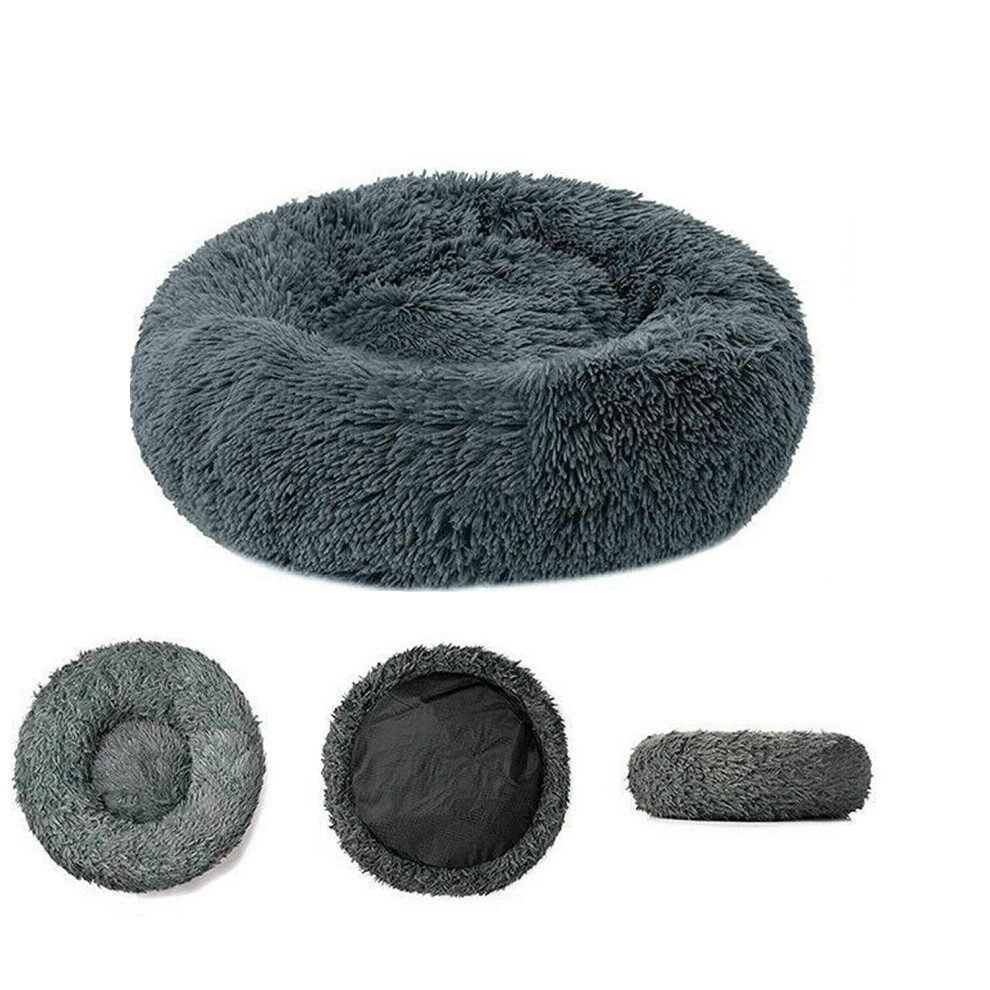 (Deep-gray, Medium) Plush Donut Pet Bed Dog Cat Round Nest Puppy Sofa