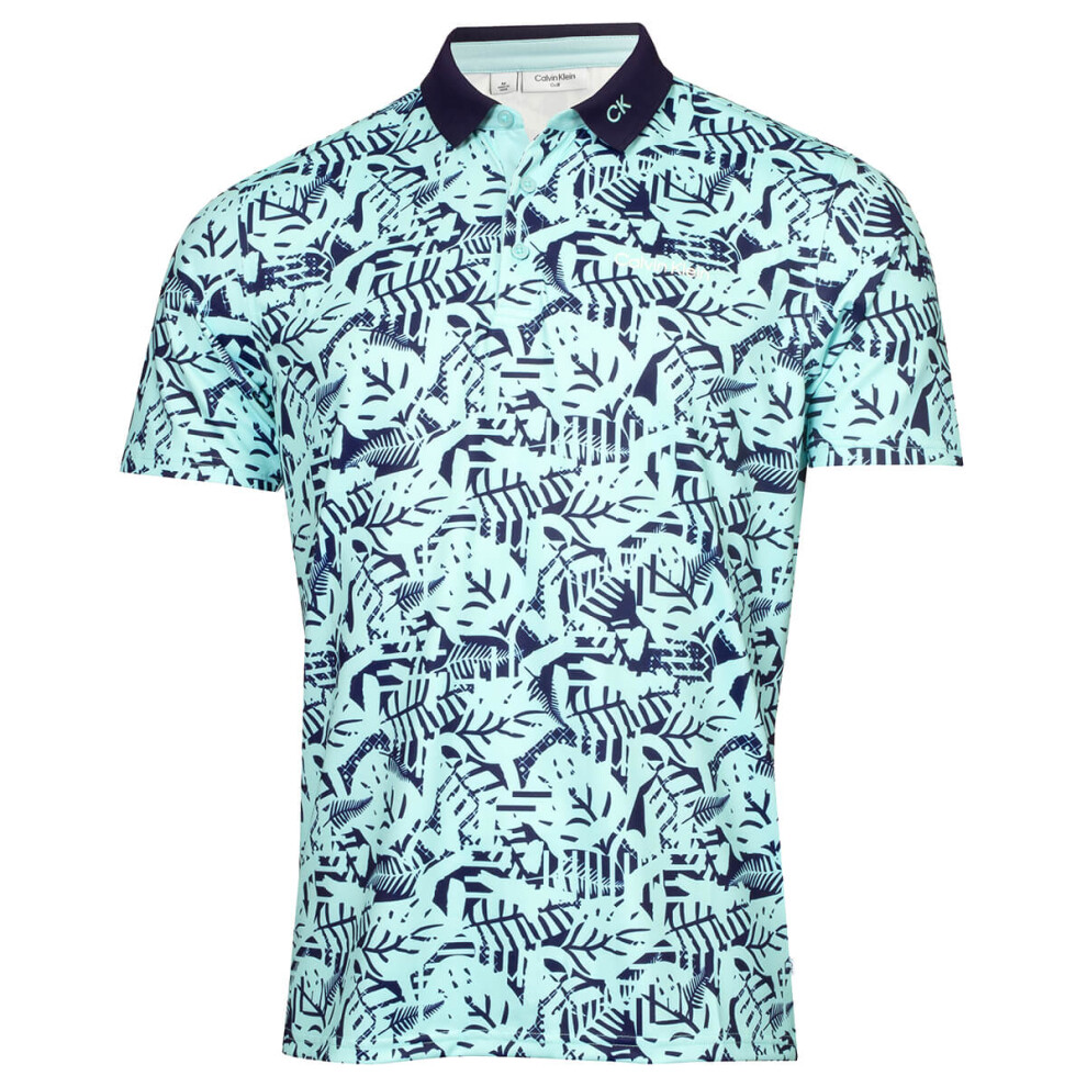 (M, Aqua/Evening Blue) Calvin Klein Mens 2024 Abstract Print Easy Care Wicking Golf Polo Shirt