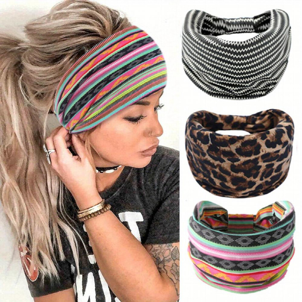 3pcs Boho Headband Wide Sports Sweatband Leopard Pattern Hair Band Women Girls Headdress