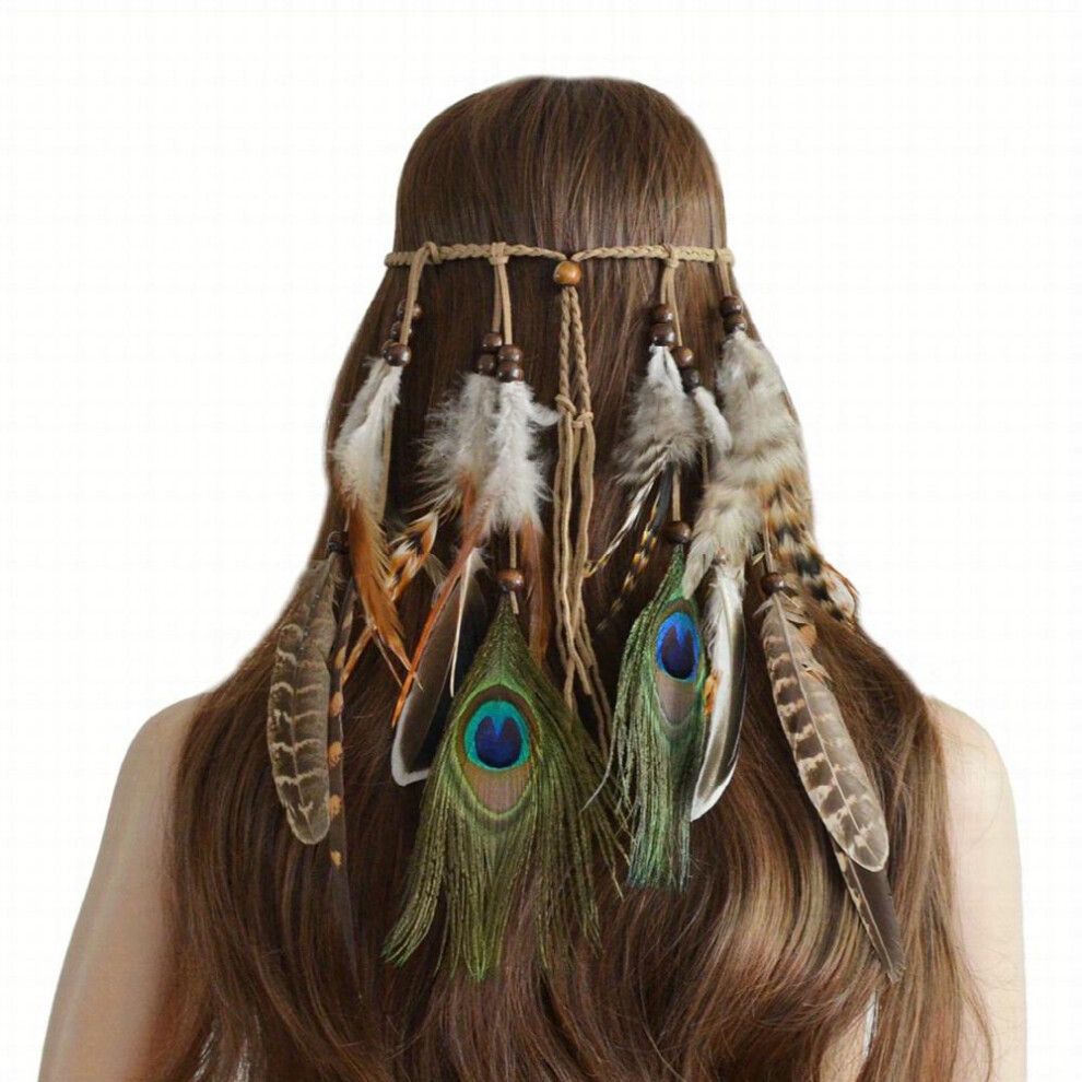 Women's Brown Boho Faux Feather Hair Rope Western Style Headband Hippie Style Hair Accessories