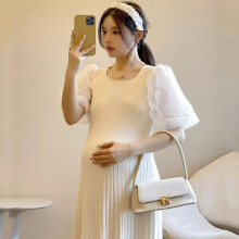 Maternity Knitting DressesSummer Clothes For Pregnant Women Puff Sleeve Slim Square Collar Solid Patchwork Vestidos