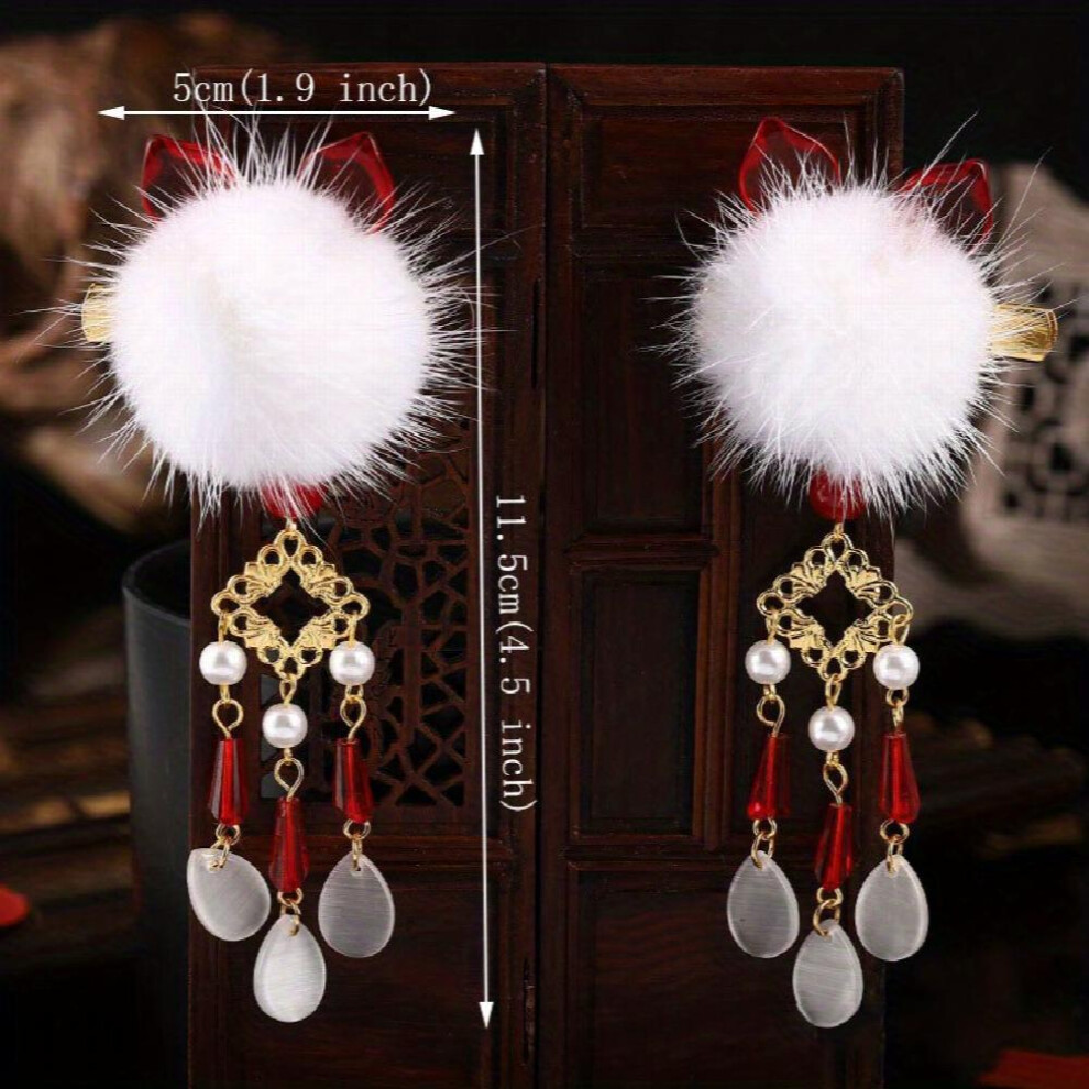 1pc Plush Ball Hair Clip With Opal Pendant Chinese Style Hair Clip Non slip Duck Billed Clip Side Clip Hair Accessories For Women-image-OPC-PC2GWJJ-NEW