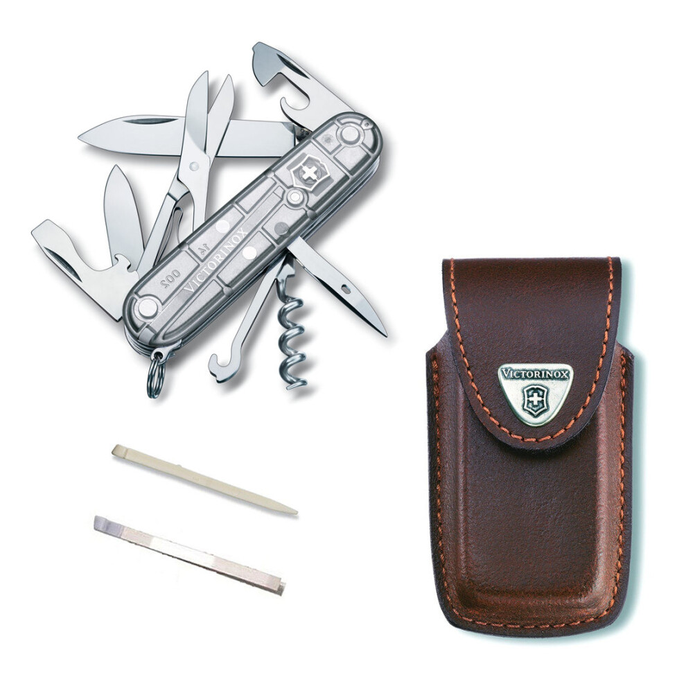 (silvertech, brown leather) Victorinox CLIMBER Swiss army knife with Pouch spare tweezers & toothpick