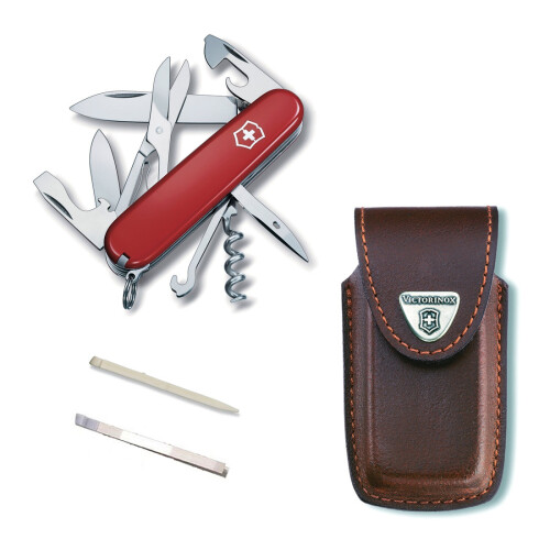 Victorinox (red, brown leather) Victorinox CLIMBER Swiss army knife with Pouch spare tweezers & toothpick
