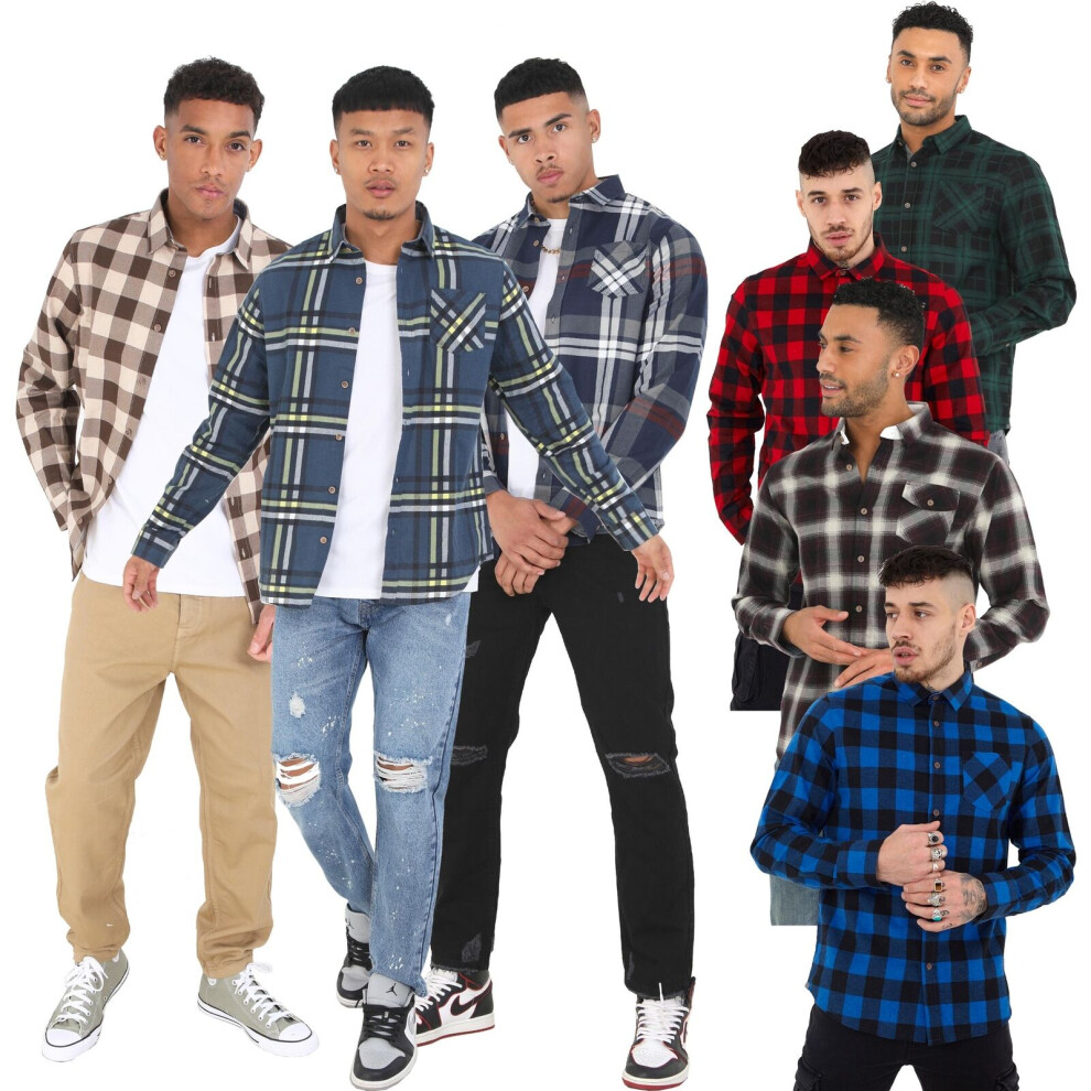 (Green, M) Mens Brave Soul Check Lumberjack Brushed Cotton Shirts Casual Work Shirt