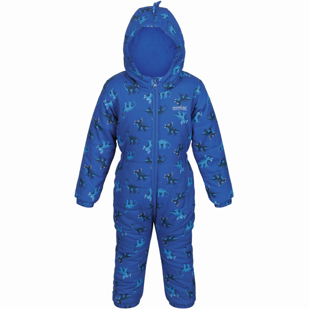 (9-12M, Blue Dino) Regatta Kids Penrose Fullzip Hooded Insulated Fleece Lined Puddle Suit Rain Suit
