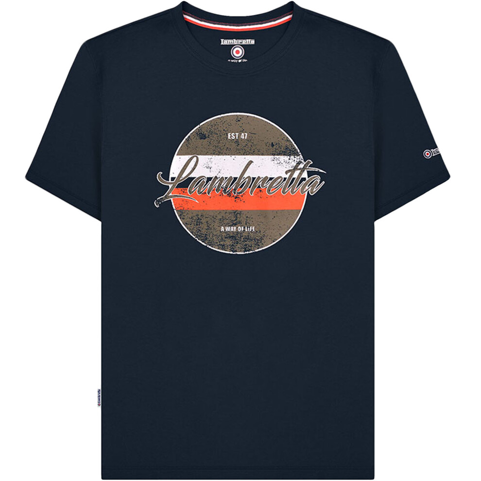 (M, Navy) Lambretta Mens Vintage Print Short Sleeve Crew Neck Cotton T-Shirt Top Tee