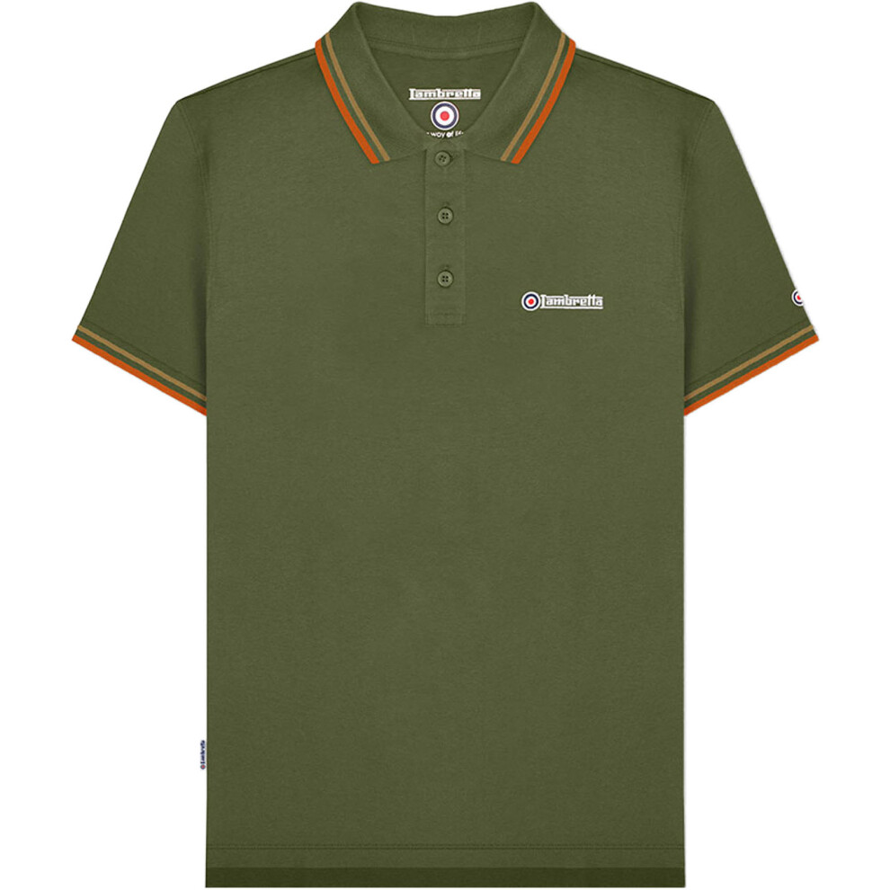 (S, Khaki/Sand/Burnt Orange) Lambretta Mens Twin Tipped Short Sleeve 3 Button Placket Cotton Polo Shirt Top