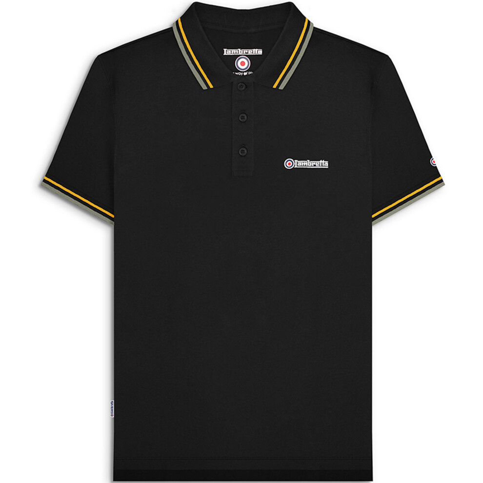 (M, Black/Gold/Lichen) Lambretta Mens Twin Tipped Short Sleeve 3 Button Placket Cotton Polo Shirt Top