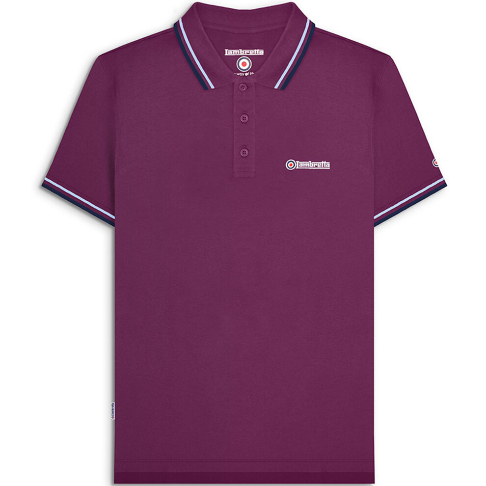 (M, Grape/Sky/Navy) Lambretta Mens Twin Tipped Short Sleeve 3 Button Placket Cotton Polo Shirt Top