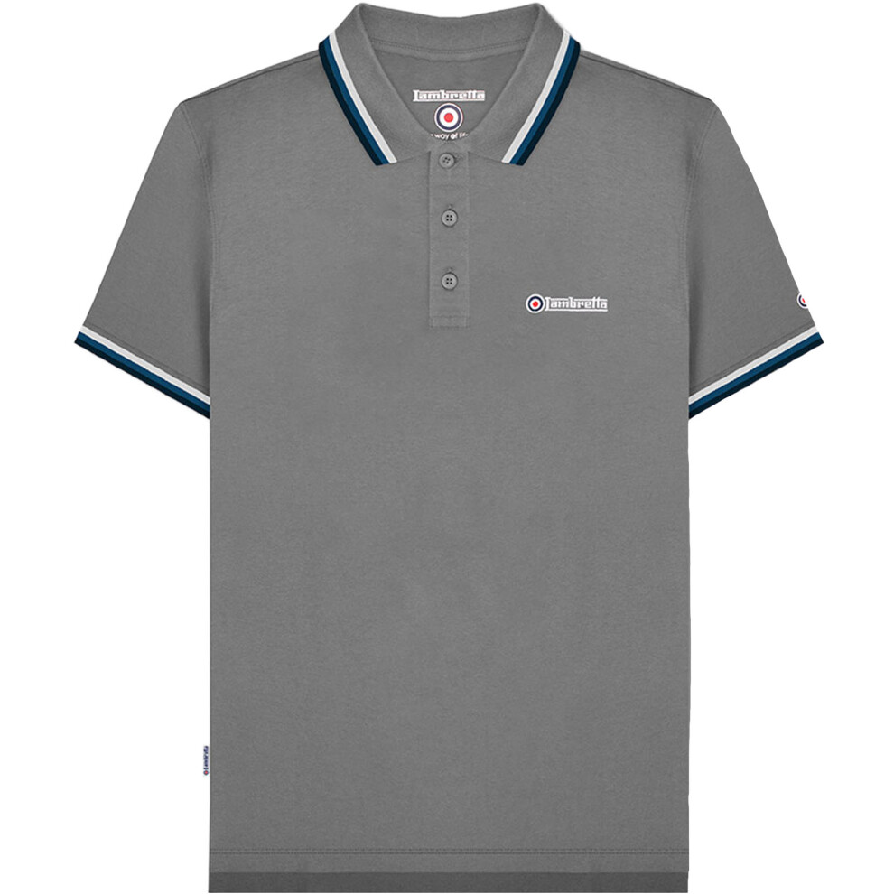 (S, Grey/White/Blue) Lambretta Mens Triple Tipped Short Sleeve 3 Button Placket Polo Shirt Top