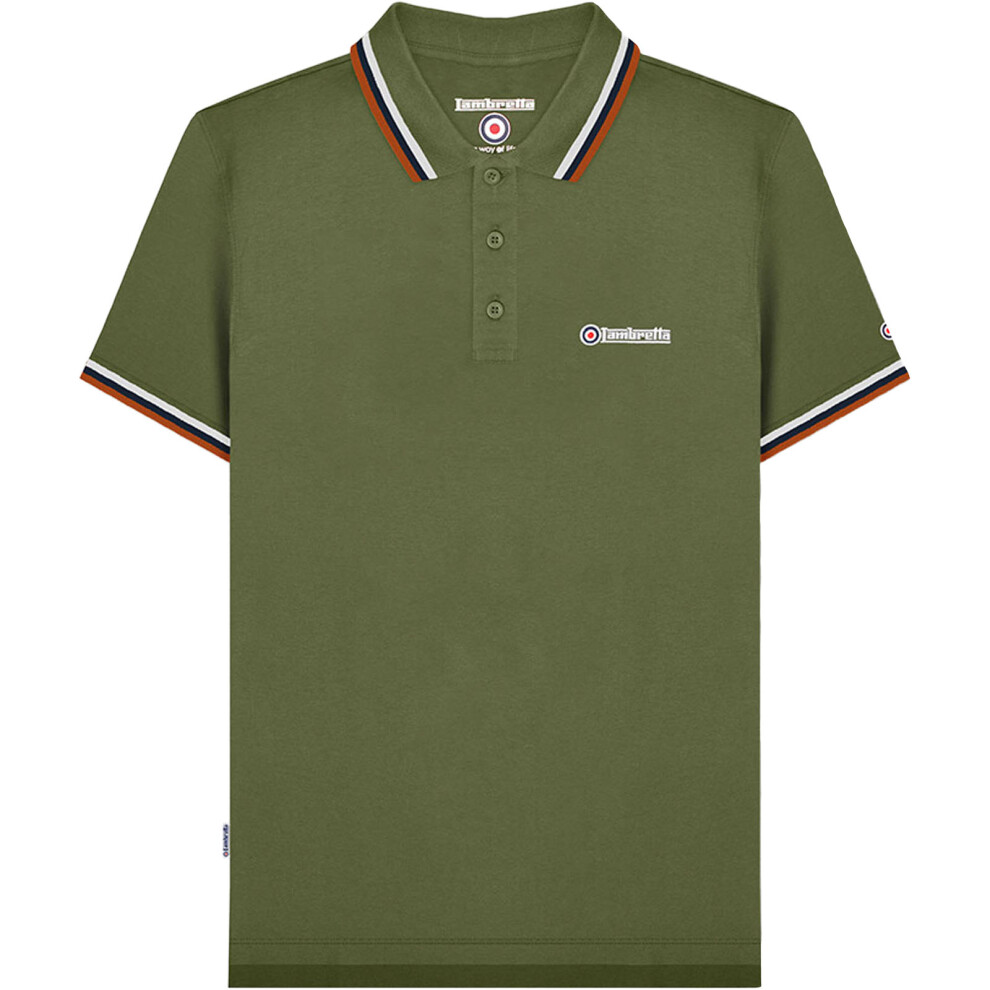 (S, Khaki/White/Navy) Lambretta Mens Triple Tipped Short Sleeve 3 Button Placket Polo Shirt Top