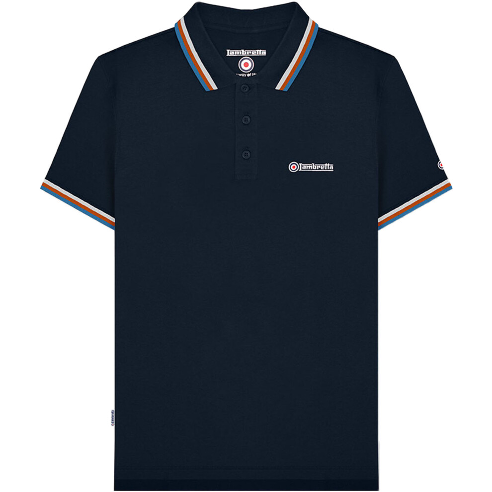 (S, Navy/White/Orange/Azura) Lambretta Mens Triple Tipped Short Sleeve 3 Button Placket Polo Shirt Top