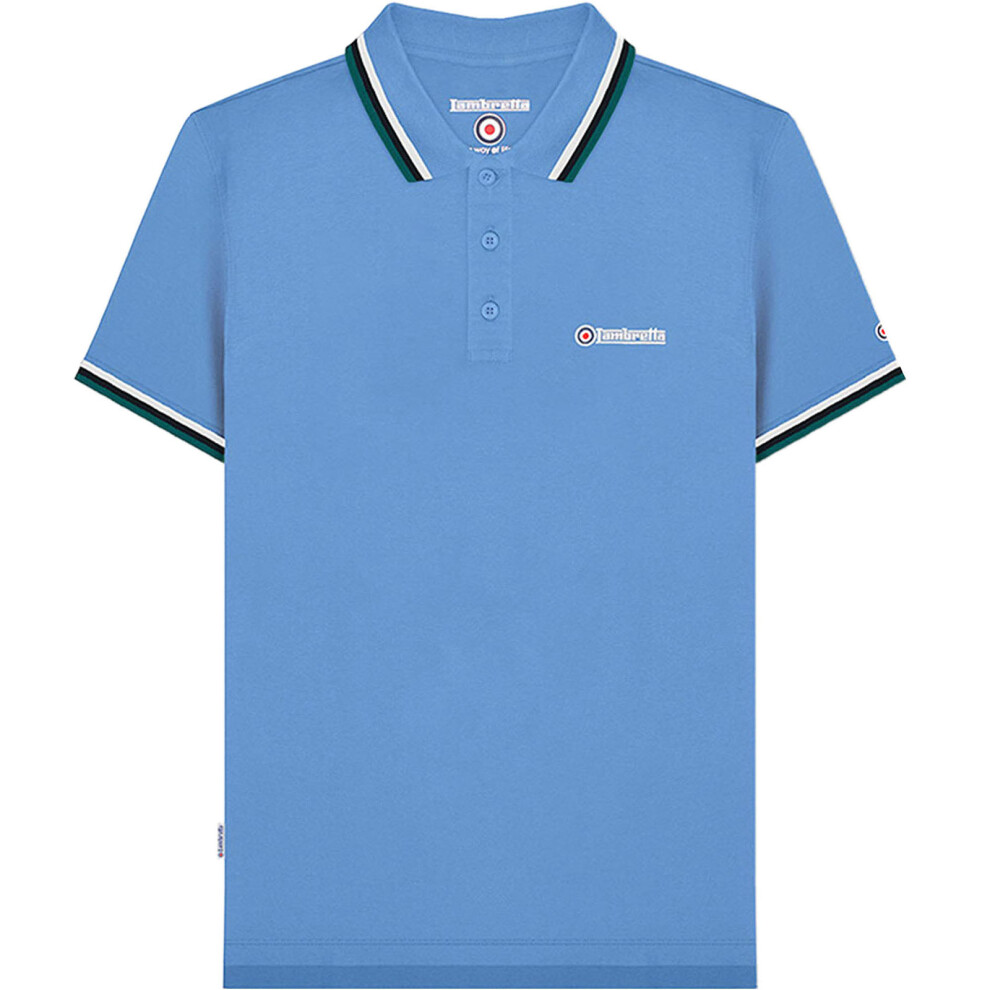 (S, Azure/Blue/White) Lambretta Mens Triple Tipped Short Sleeve 3 Button Placket Polo Shirt Top