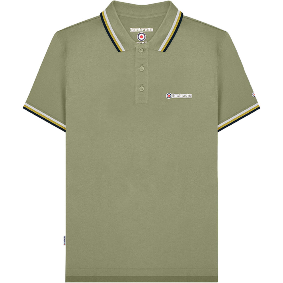 (S, Desert Sage/White) Lambretta Mens Triple Tipped Short Sleeve 3 Button Placket Polo Shirt Top