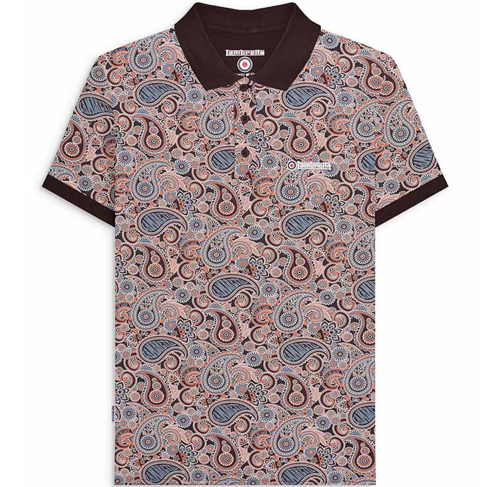 (S, Java) Lambretta Mens Paisley Brand Three Button Retro Short Sleeve Polo Shirt Top