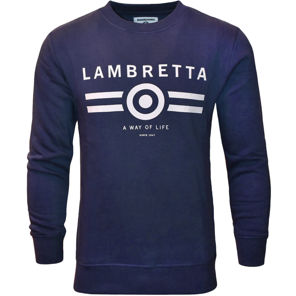 (S, Navy) Lambretta Mens Logo Graphic Crew Neck Pullover Sweater Sweatshirt Jumper Top