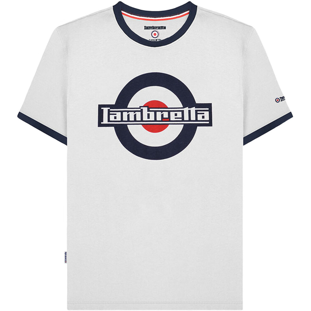 (4XL, White) Lambretta Mens Logo Ringer Short Sleeve Crew Neck Cotton T-Shirt Top Tee