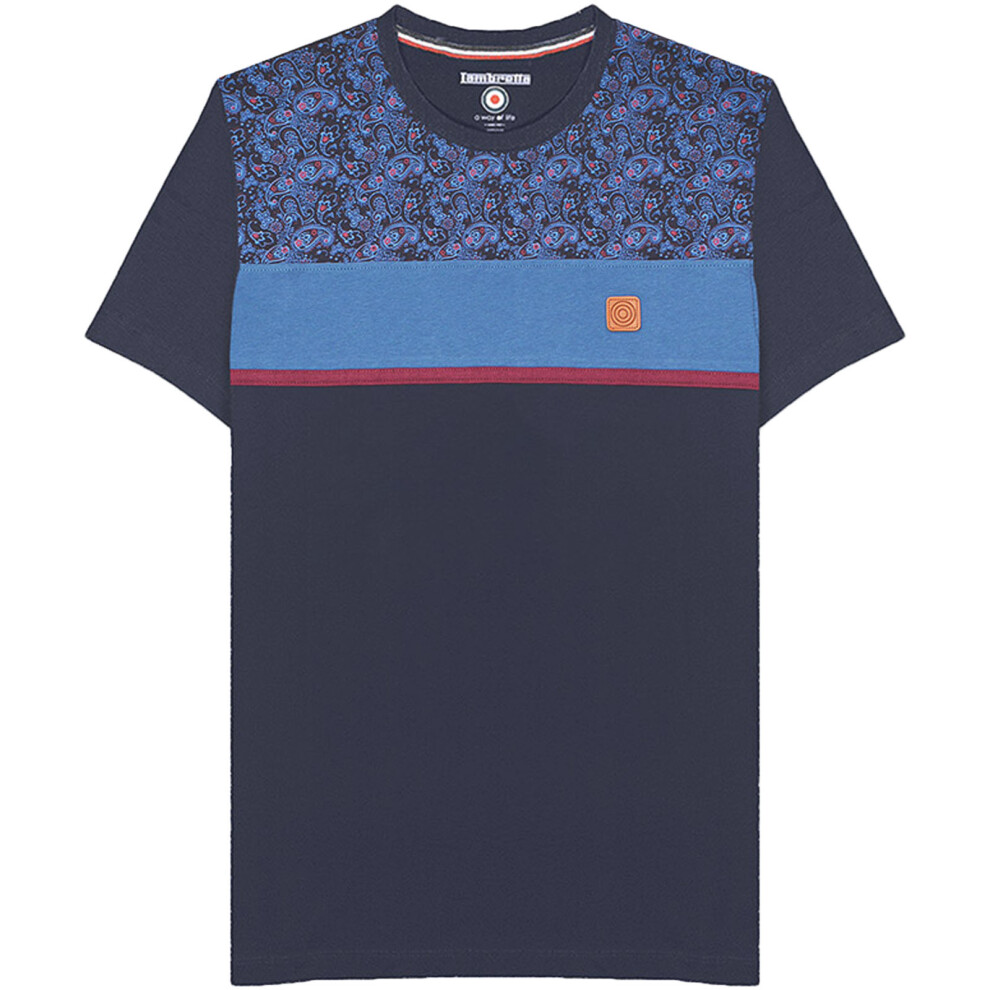 (S, Navy) Lambretta Mens Paisley Panel Short Sleeve Crew Neck Cotton T-Shirt Top Tee