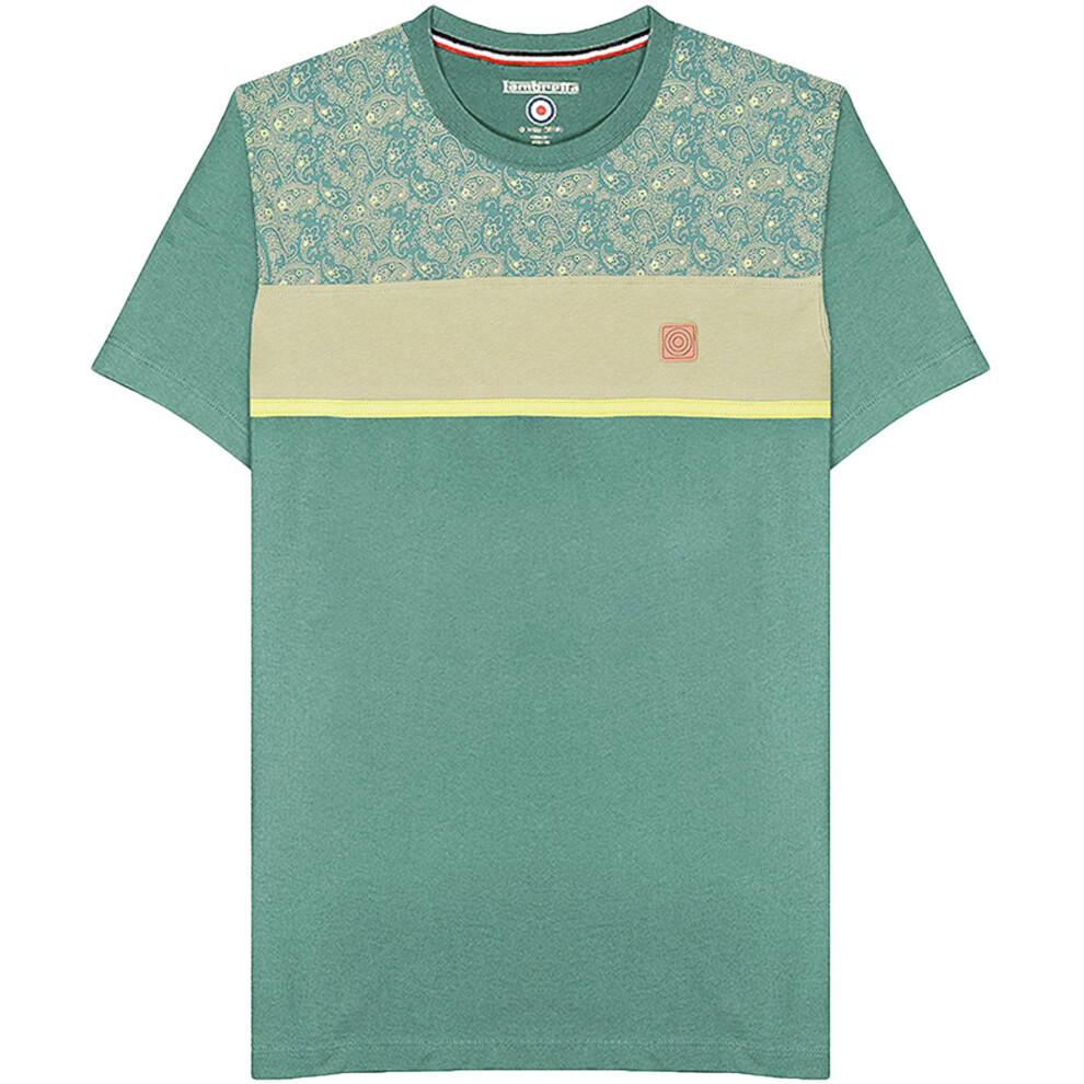 (S, Trekking Green) Lambretta Mens Paisley Panel Short Sleeve Crew Neck Cotton T-Shirt Top Tee