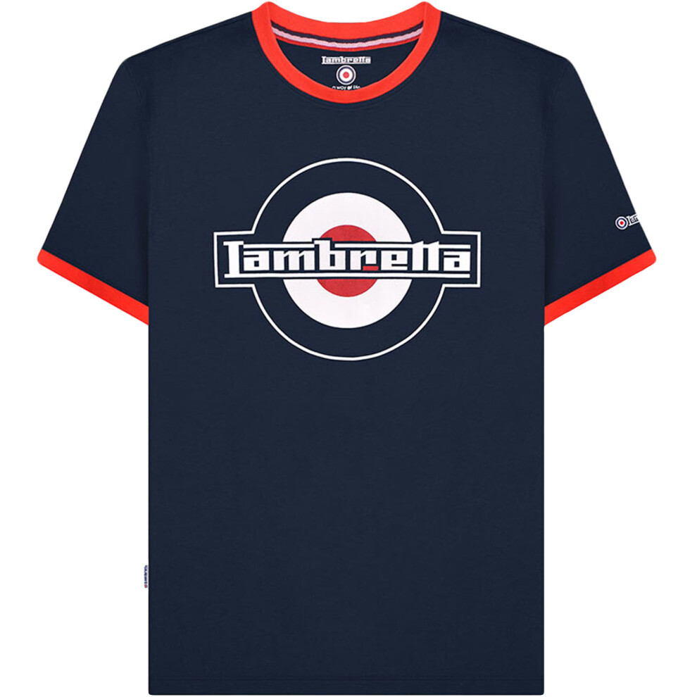 (S, Navy) Lambretta Mens Logo Ringer Short Sleeve Crew Neck Cotton T-Shirt Top Tee