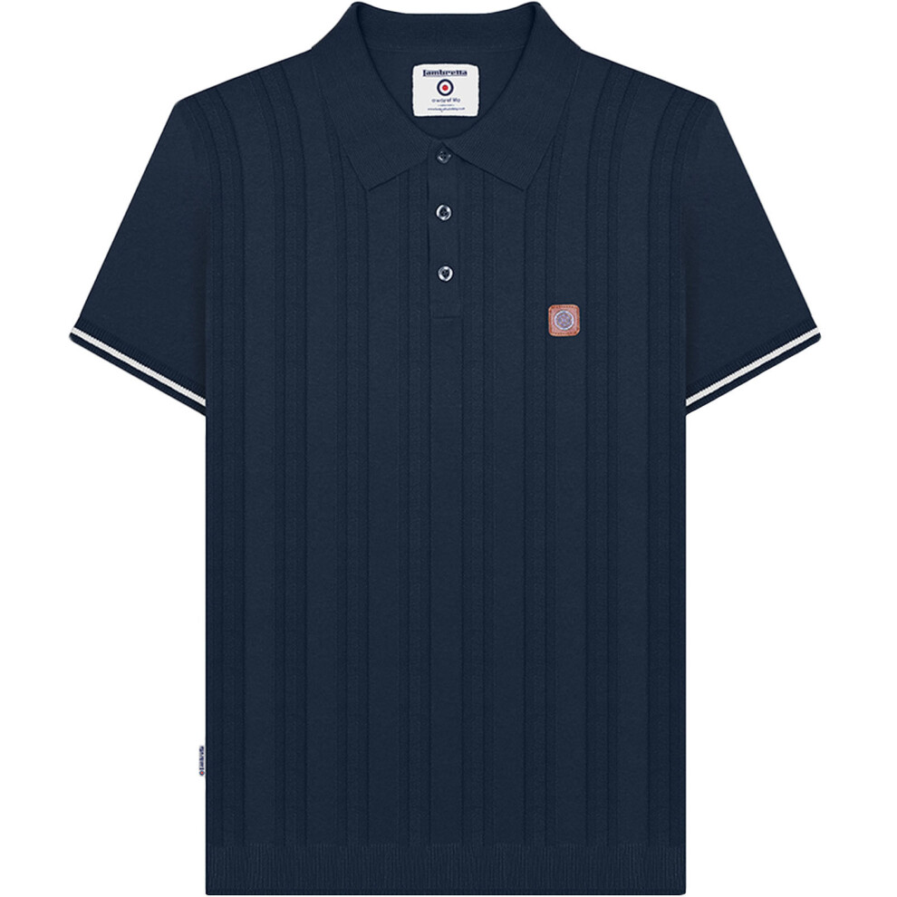 (S, Navy) Lambretta Mens Knitted Short Sleeve Ribbed Cotton Collared Polo Shirt Top