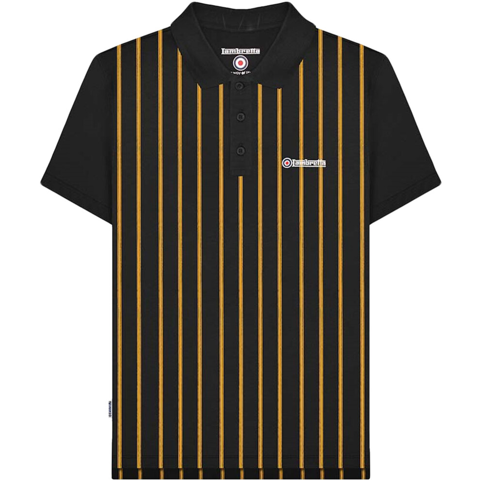 (M, Black/Gold) Lambretta Mens Pinstripe 3 Button Placket Short Sleeve Polo Shirt - Black/Gold