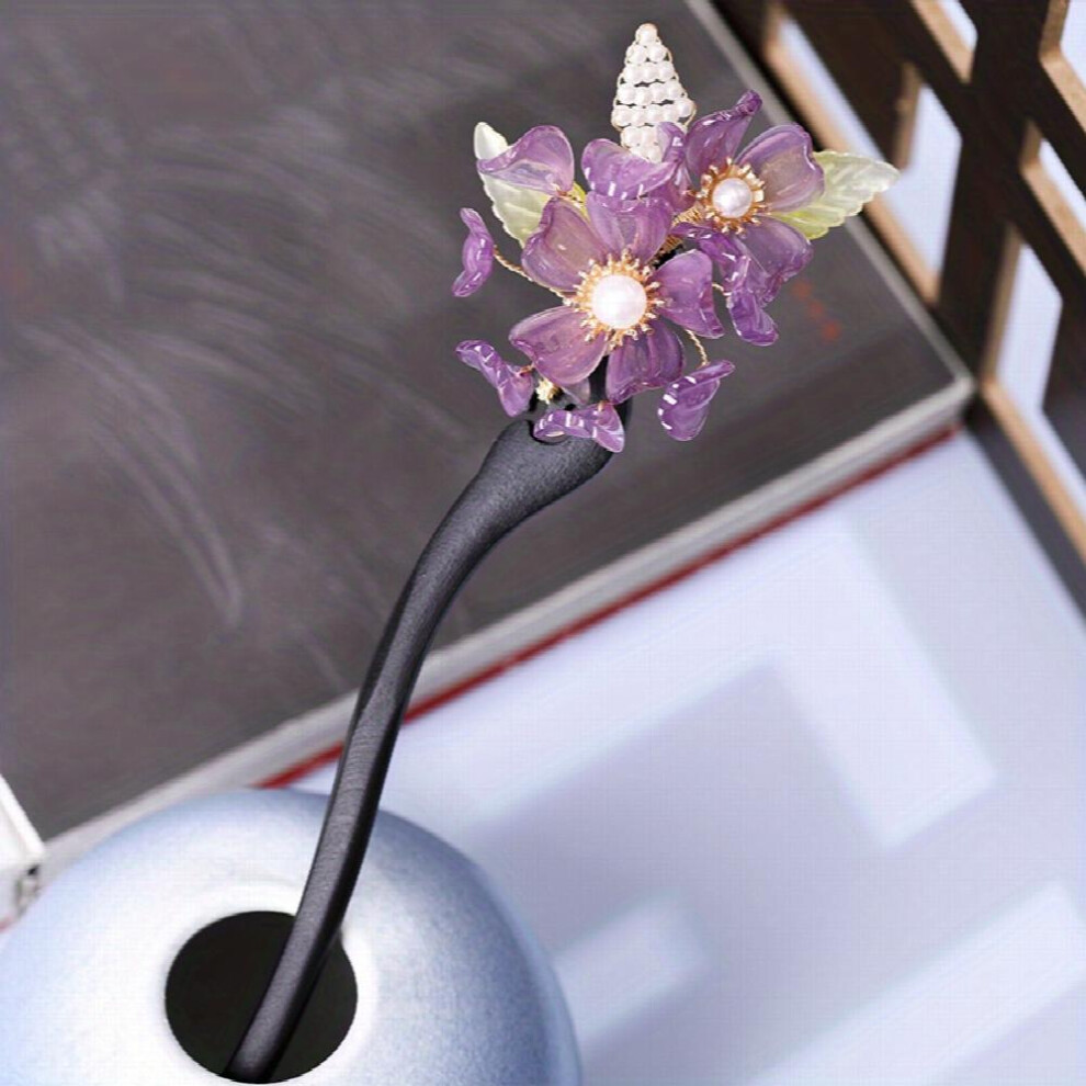 Wooden Hairpin Ancient Style Flower Hairpin Purple Hairpin Lady Hair Headdress Hairpin-image-OPC-PC2GZ2C-NEW