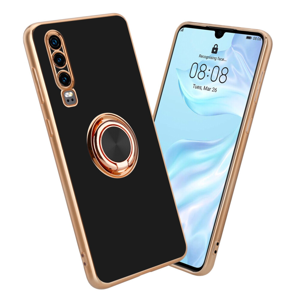 (Glossy Black - Gold) Cadorabo Case for Huawei P30 with ring Protective Cover made of flexible TPU silicone, with camera protection and magnetic car h