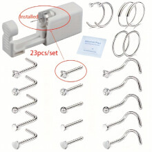 23pcs set Disposable Safe 316L Steel Sterile Nose Ring Stud Piercing Unit Set Gun Tool Earring Machine Kit Nariz Women Body Jewelry