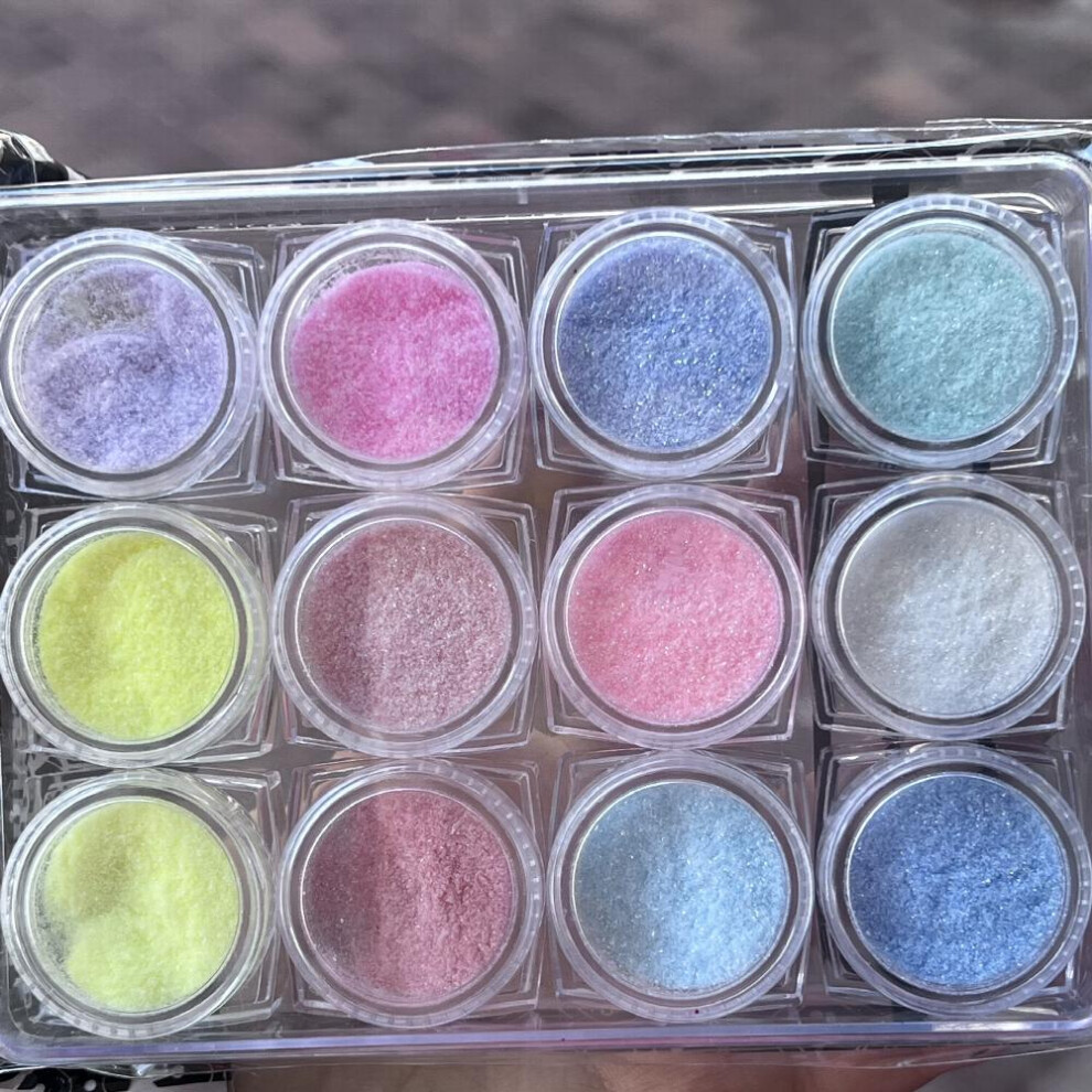 12 pcs Colorful Nail Art Powder Acrylic Woolen Glittering Mineral Sand and Sugar Coated Perfect for Nail Decoration and Jewelry