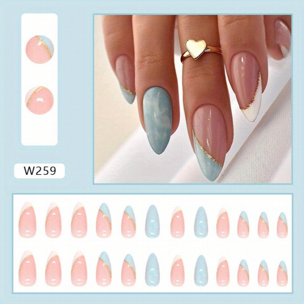 24pcs Sweet French Tip Press On Nails with Sequins Glossy Stick On Nails for Women Medium Almond Size Full Cover False Nails