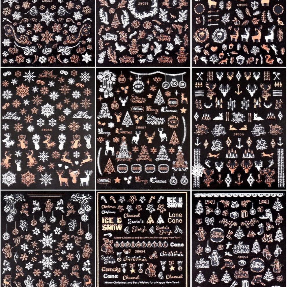 9 Sheets Christmas Nail Art Stickers 3D Nail Decals Manicure Decoration Self Adhesive Rose Golden Snowflake Christmas Tree Snowman Elk Glitter Decals