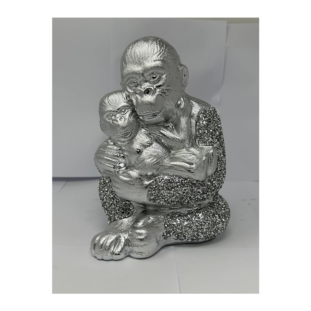 Sparkle Bling Crushed Diamond Monkey With Baby Ornament - 22cm