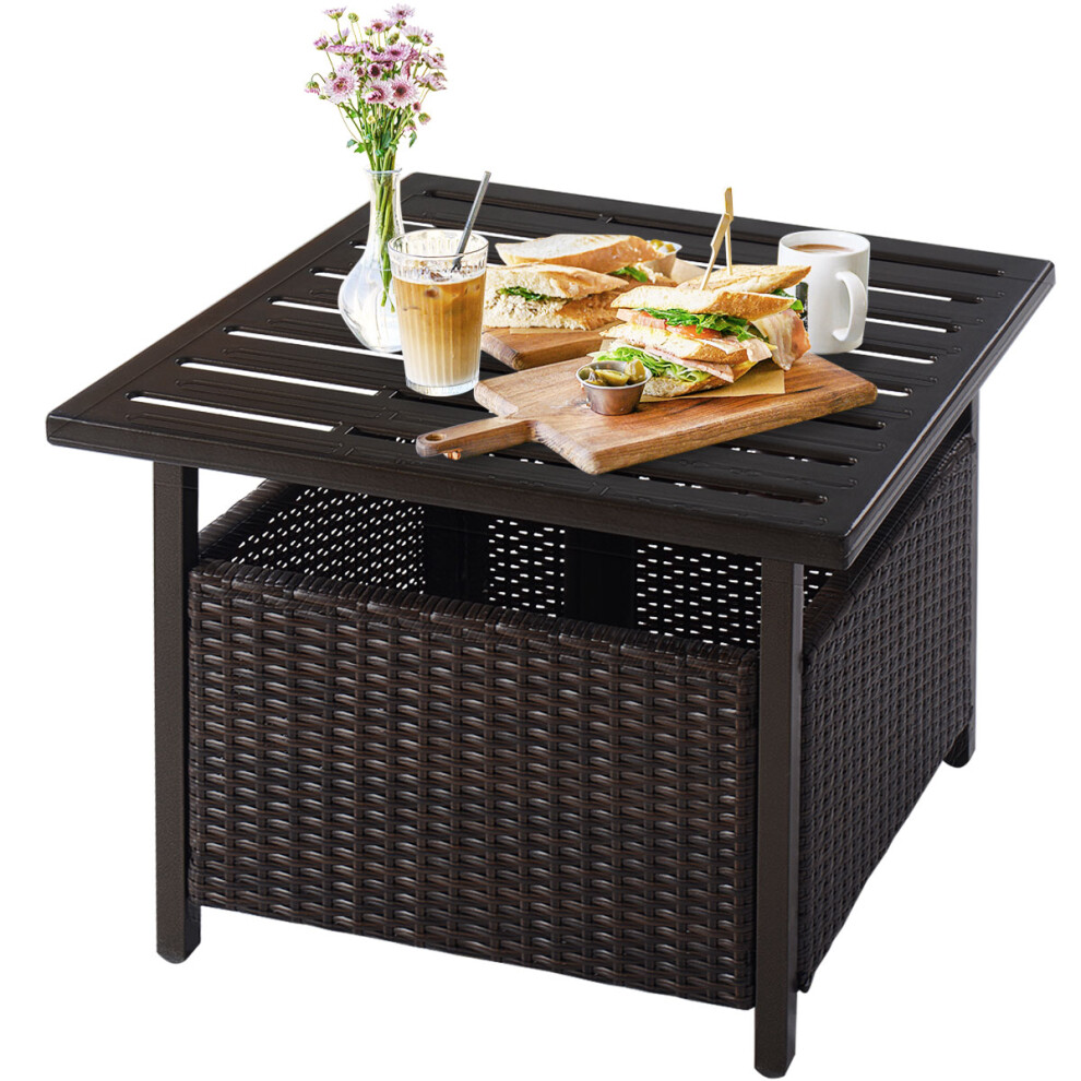 Rattan Garden Side Table w/Umbrella Hole Leisure Coffee Table Outdoor