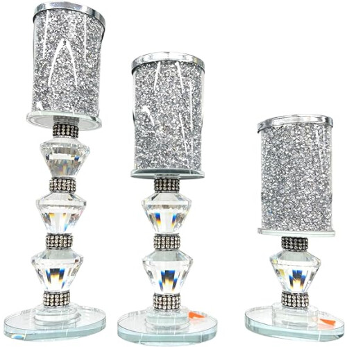 Crushed Diamond Crystal Silver 3-Tier Pillar Candle Holder Set