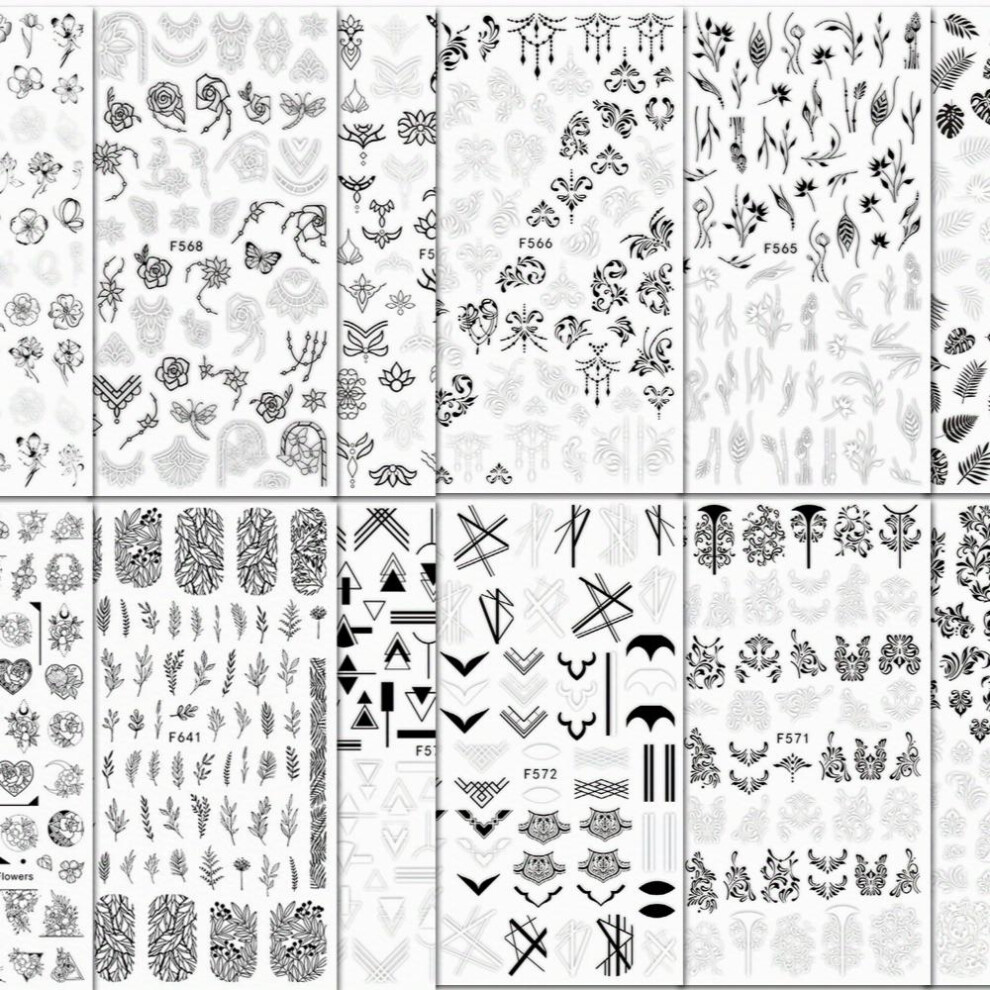 12 Sheets Floral Leaves Nail Stickers Geometry Nail Decals Nail Art Supplies For Nail Art DIY