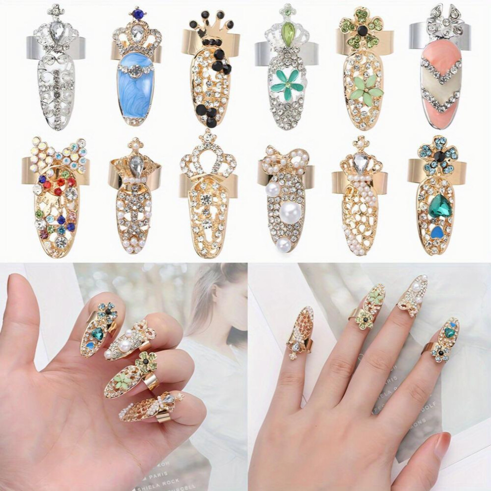12Pcs Fingernails Ring Bowknot Crown Nail Finger Rings Crystal Nail Art Charms Rhinestone Nail Decoration For Women Girls