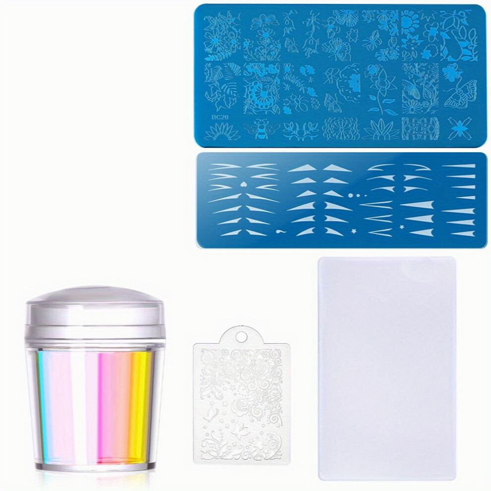 Nail Stamper Kit With Flower Leaf Nail Art Stamping Plate Template With Nail Stamper And Scraper For Women Girls DIY Fingernail Manicure Stencils Tool