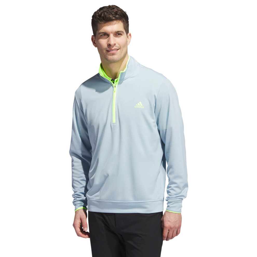 (L, Wonder Blue) adidas Golf Mens Lightweight Quarter Zip Left Chest UPF 50+ Sweater