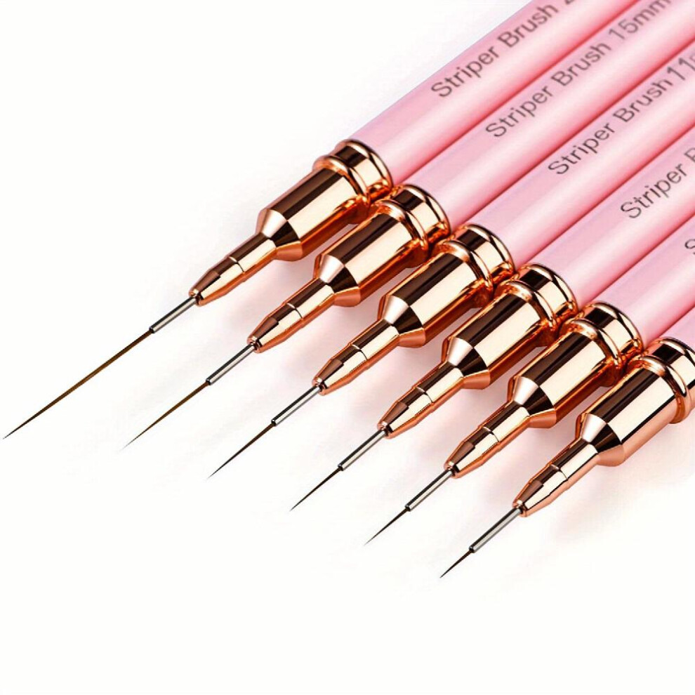 Pink 6Pcs Striping Nail Art Brushes Fine Striper Brush Set For Long Lines Thin Details Fine Drawing Delicate Coloring Elongated Lines Metal Handle Nai