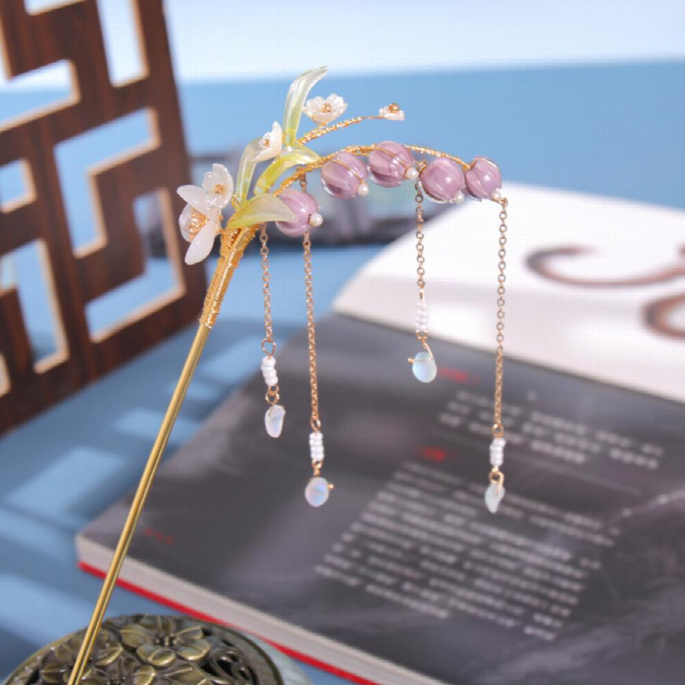 Ancient Style Hairpin Womens Headdress With Beads Tassel Purple Lily Of The Valley Flower Tassel Hairpin Hair Accessories-image-OPC-PC2HBMW-NEW