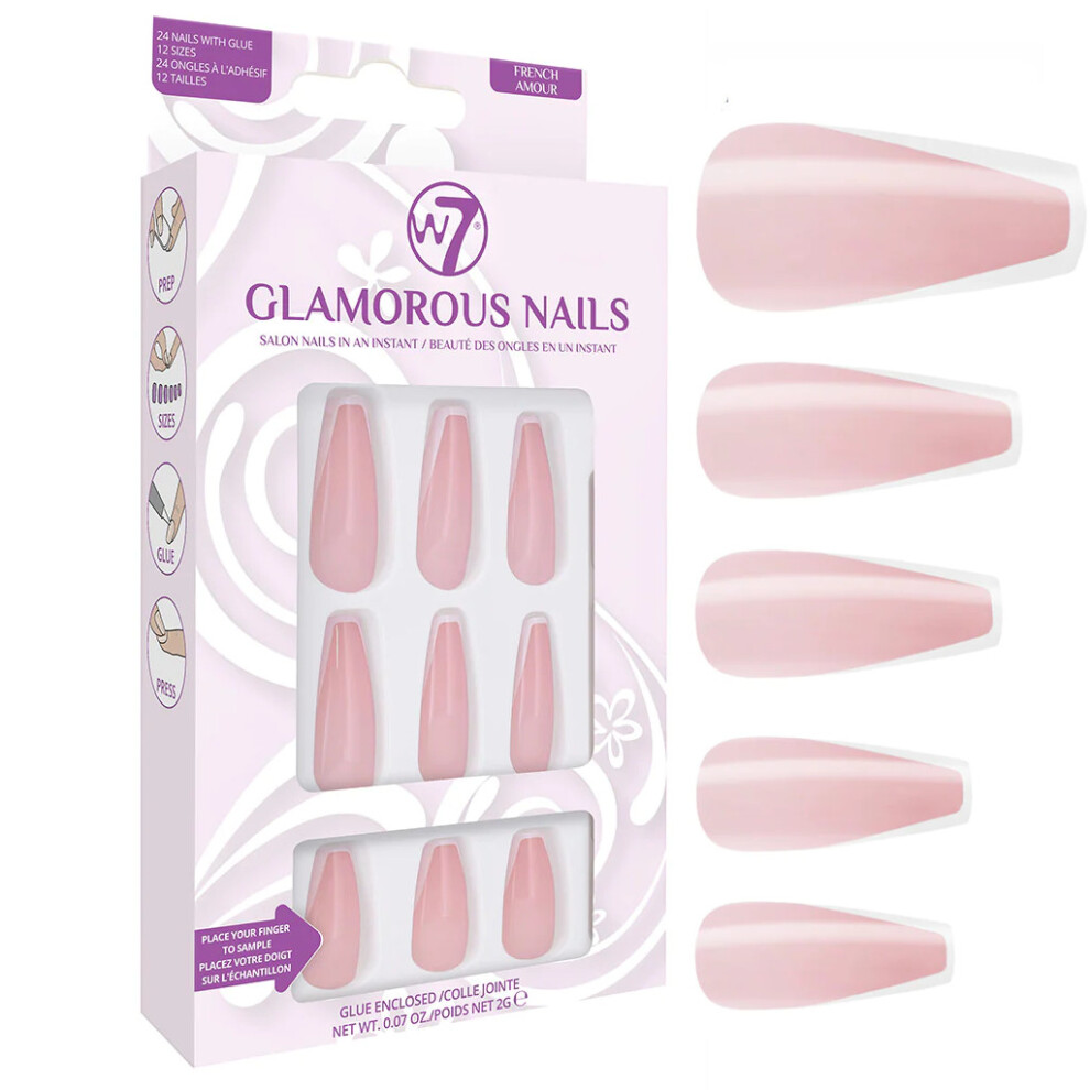 W7 Glamorous Nails - Salon Professional False Nails At Home - Glue Adhesive Included - French Amour