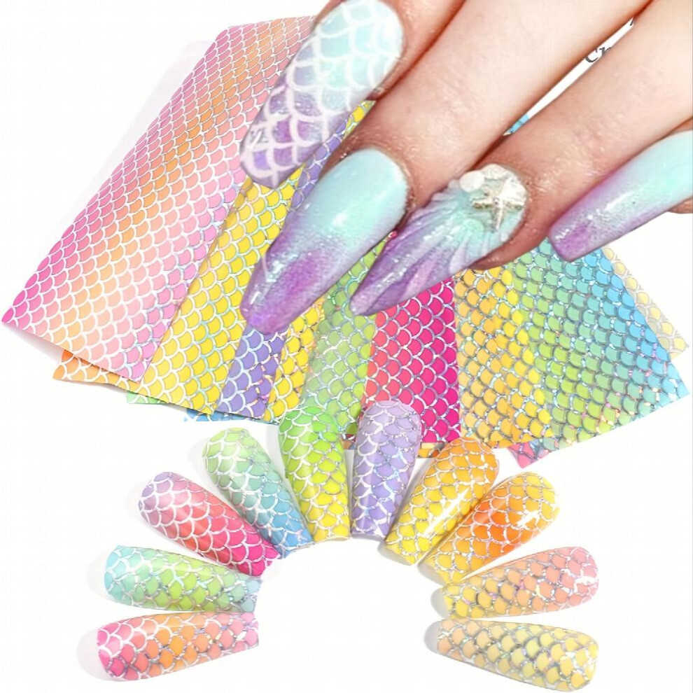 Fish Scales Nail Art Foils Transfer Stickers Colorful Holographic Laser Nail Foil Sticker Decals Mermaid Line Designs Nail Supplies For Women Girls Ma