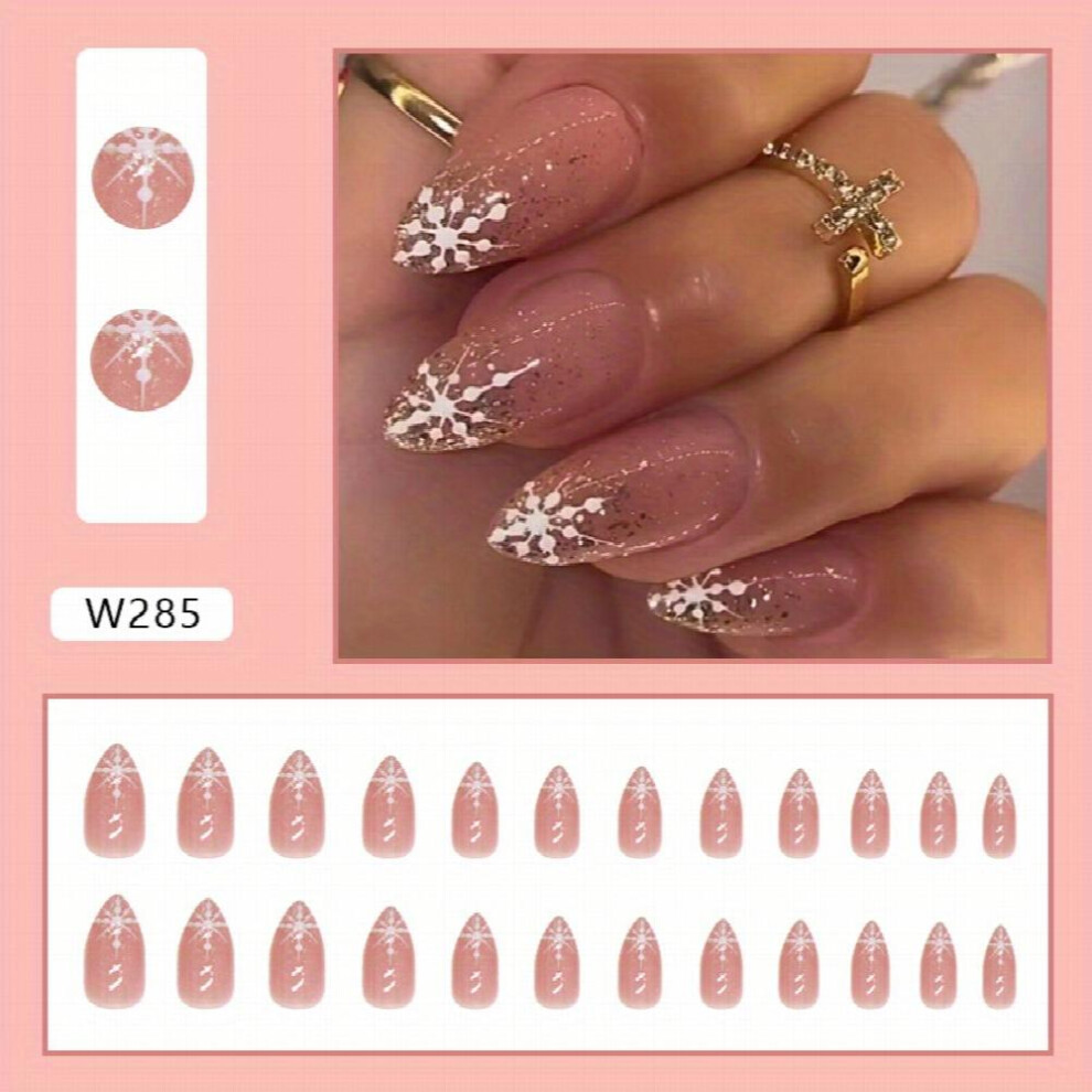 24pcs Snowflake French Tip Press On Nails Long Almond Shape Glossy Glitter Powder Full Coverage Gentle Perfect for Women