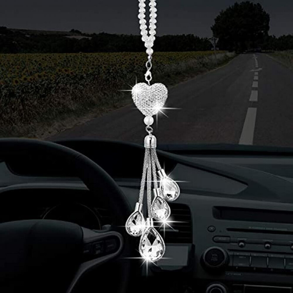 Bling Heart Diamond Car Accessories Crystal Car Rear View Mirror Charms Car Decoration Lucky Hanging Interior Ornament Pendant 885677461336
